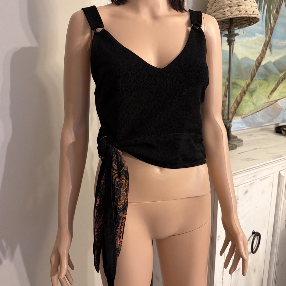 Free People Side Tie Paisley Bow tie Crop Tank Top in Black Women  M Festival